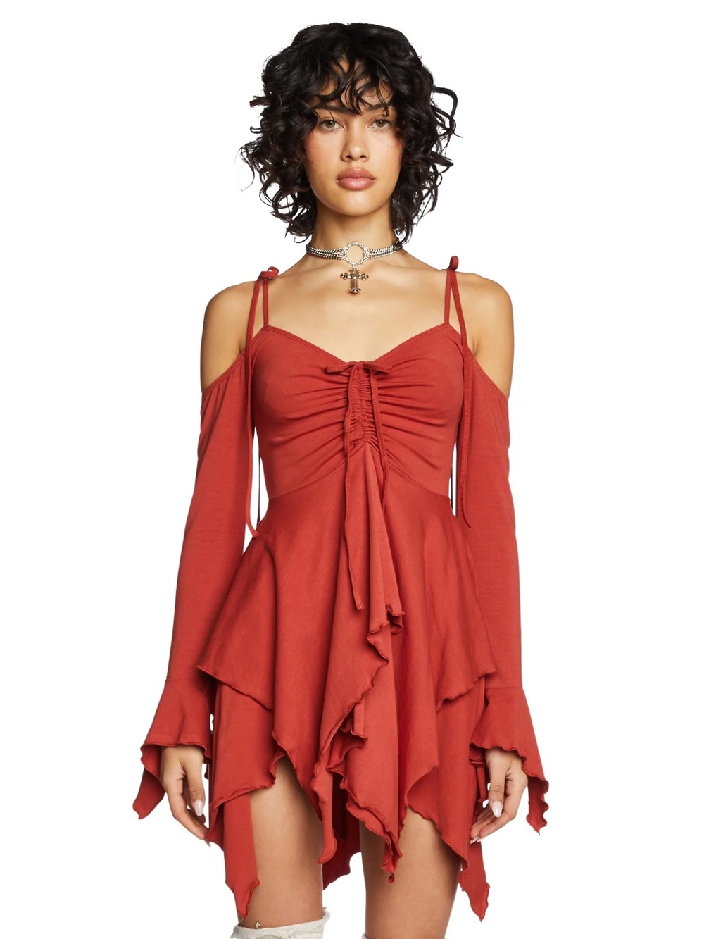 Women's Rust Red Cold-Shoulder Ruched Handkerchief Dress